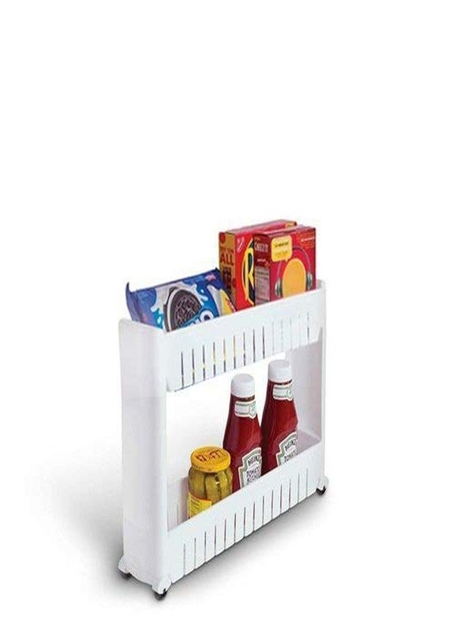 Orrda Plastic 2 Tier Space Saving Storage Organizer Slim Rack Shelf with Wheels || Slim Slide Out Kitchen Trolley Rack Holder Storage Organizer for Kitchen, Bathroom (White) - Image 1